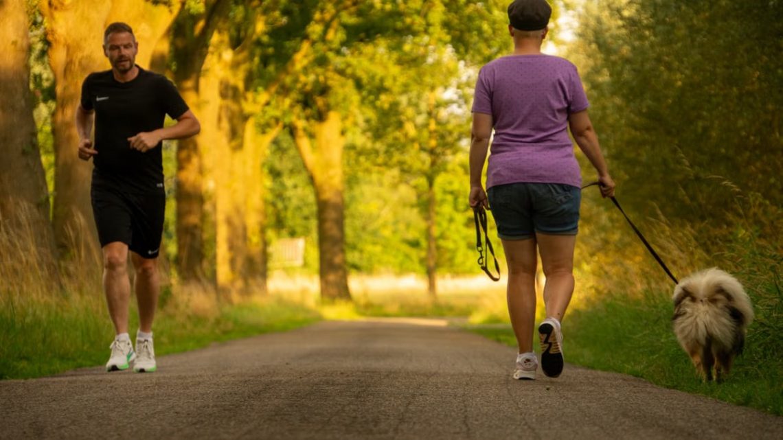 Man jogging and woman walking a dog on a picturesque outdoor path.